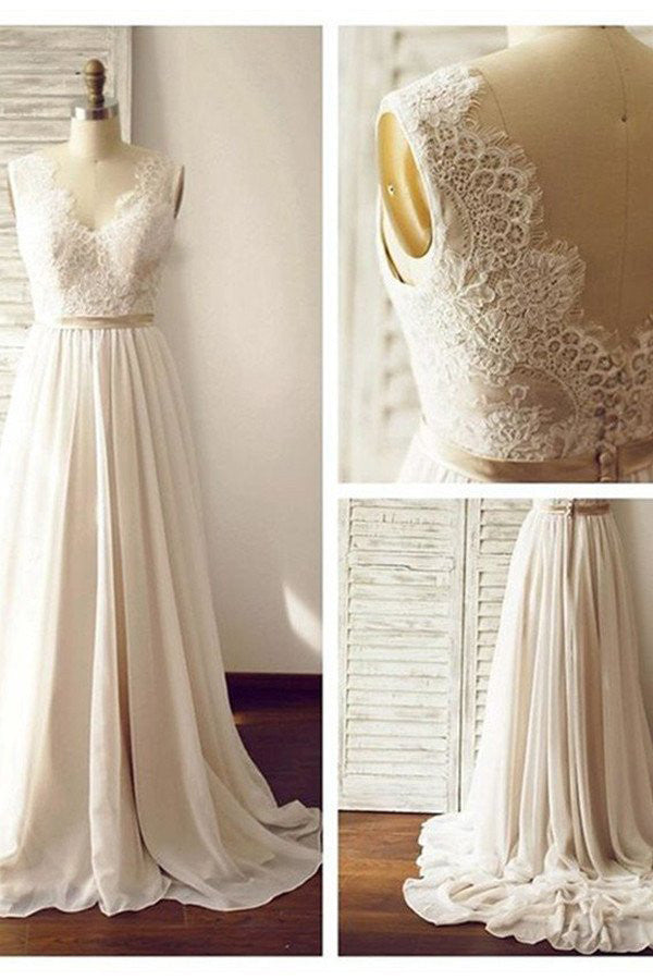 Charming V-neck Backless Long Chiffon Beach Sleevelss Lace Wedding Dresses