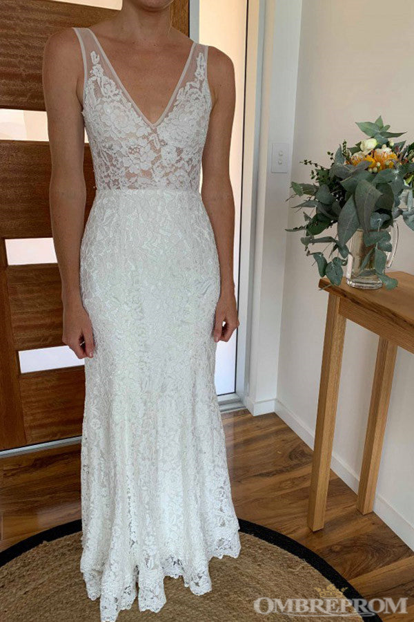 Impressive V Back Sleeveless Floor Length Lace Wedding Dresses