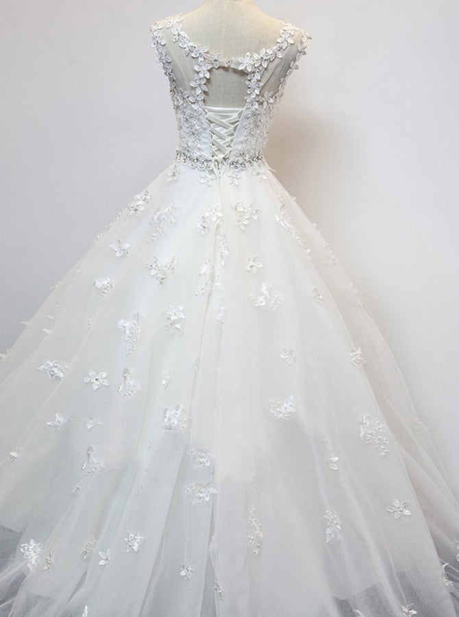 Organza Scoop Cap Sleeves Floor-Length Wedding Dresses with Beading Appliques