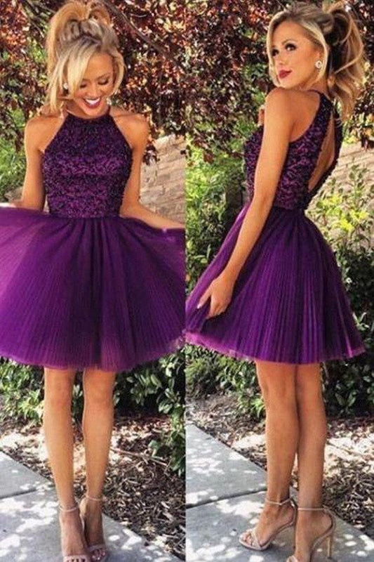 Purple Halter A-line Scoop Beaded Sleeveless Backless Short Homecoming Dresses